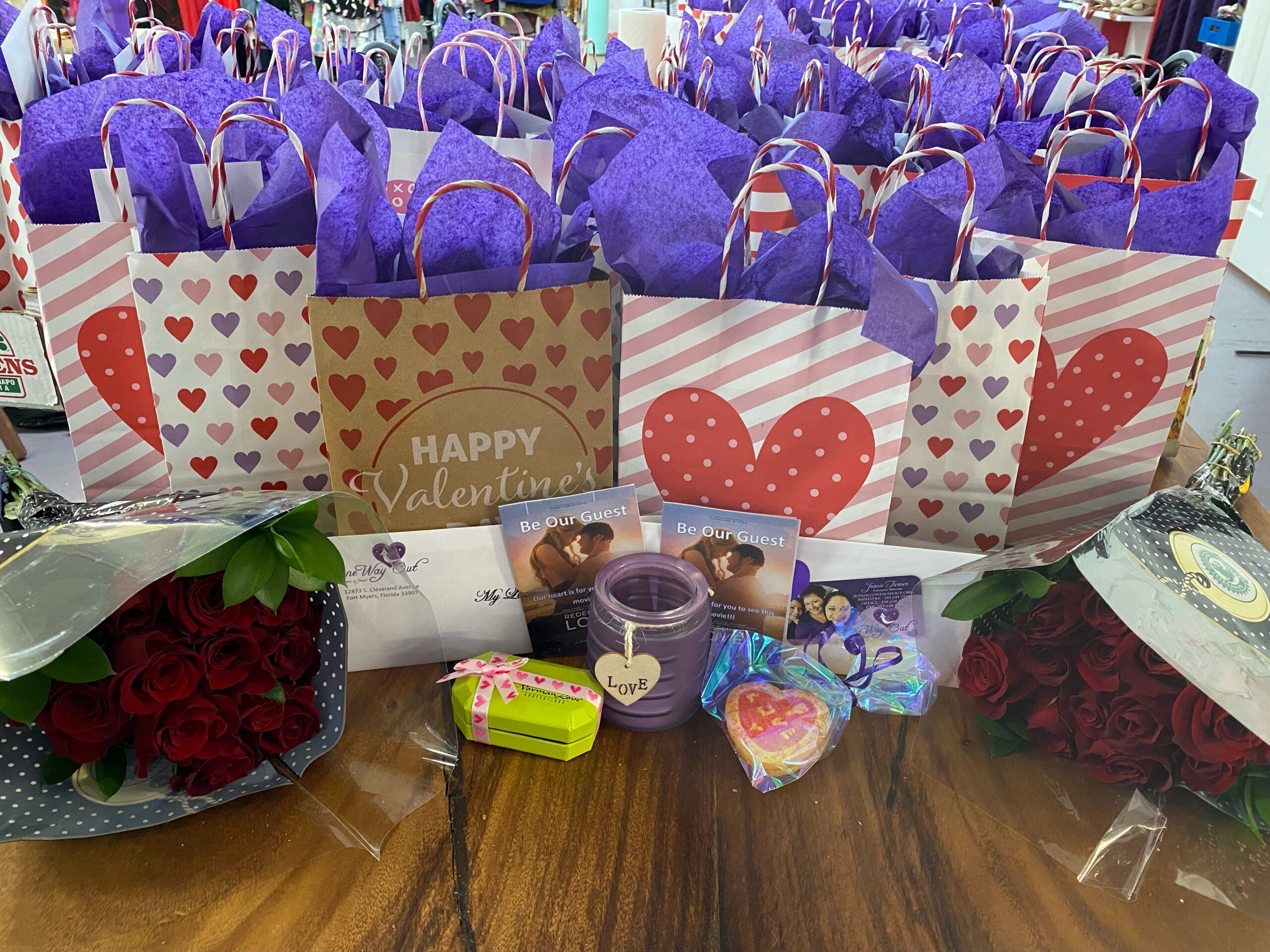Gift bags made for outreach from One Way Out Ministries. Image of Valentine gift bags for our outreach ministry.